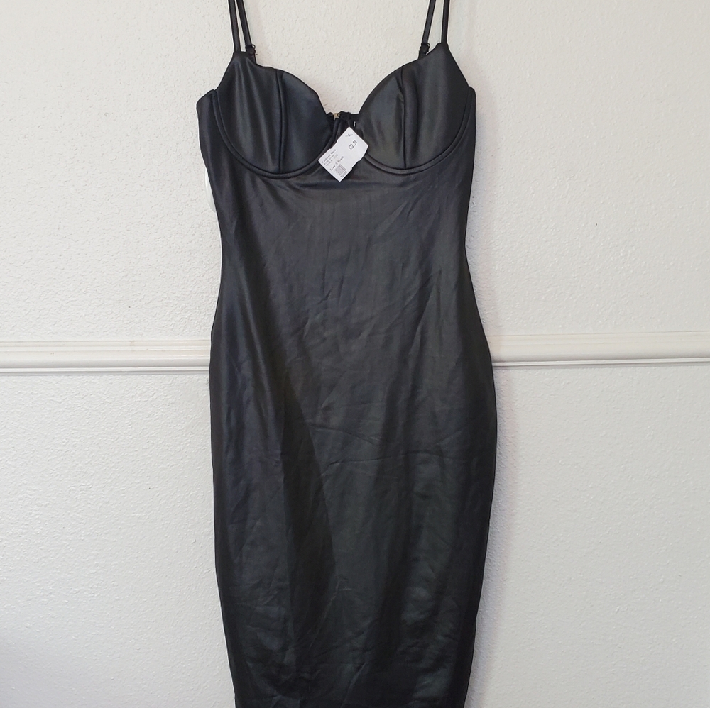 Fashion Nova Rita Faux Leather Midi Dress Black Bustier Bodycon Small NEW